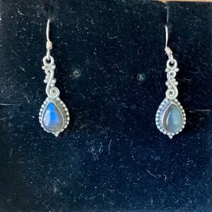 Vintage Celtic Sterling Silver Engraved and Iridescent Blue Stone Drop Earrings